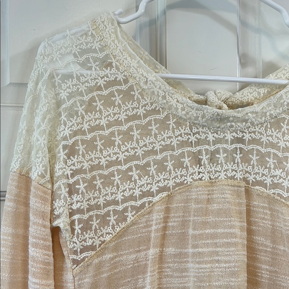 Anthropologie Hazel Peach Cream Lace Insert Bow Tie Back Blouse - Size XS - Picture 4 of 15